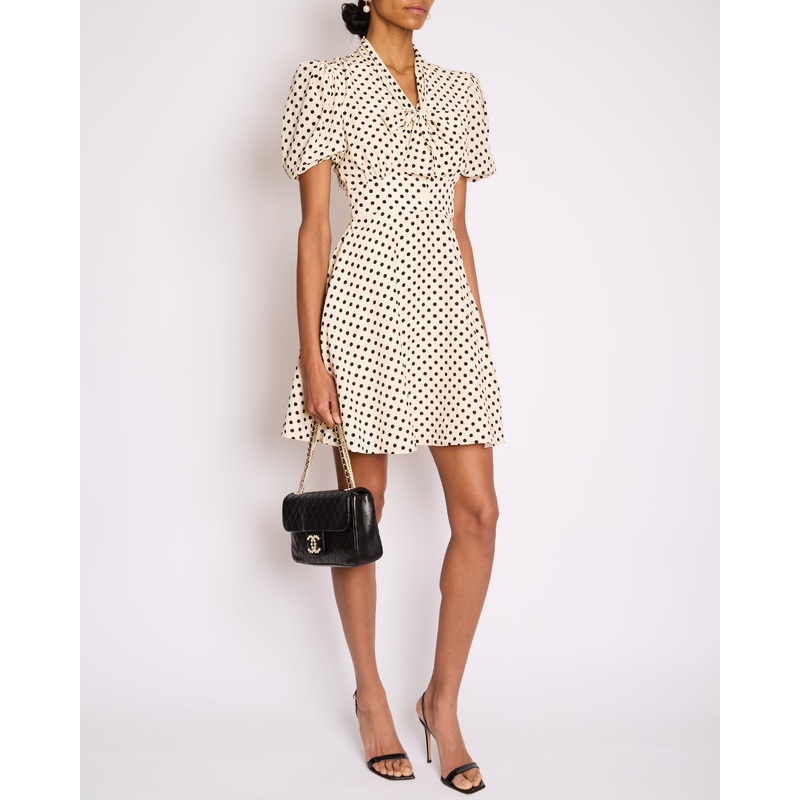 Miu Miu White Polka Dot Silk Midi Dress with Pussy Bow Collar and Short Puff Sleeves Size IT 38 (UK 6)