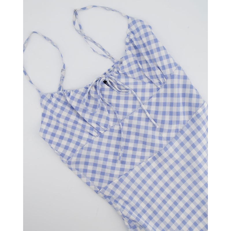 Realisation Blue & White Gingham Mini Pencil Dress with Spaghetti Strap Detail Size XS (UK 6) RRP 230
