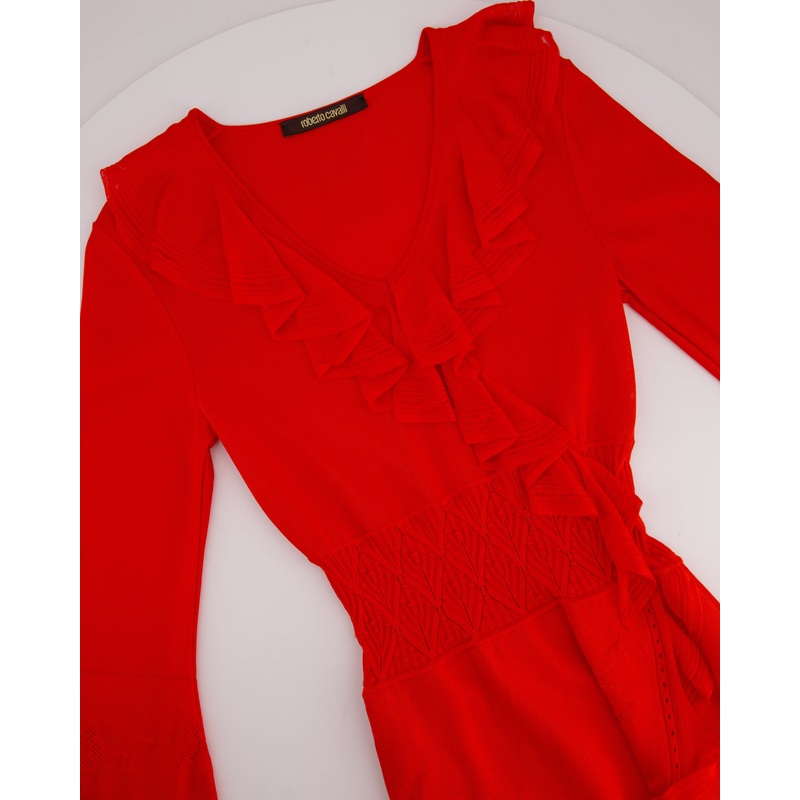 Roberto Cavalli Red Long Sleeve Ruched Midi Dress Size IT 38 (UK 6)