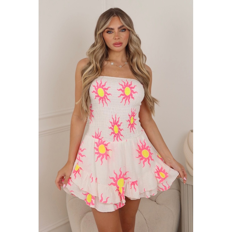 Ruby white strapless sun print playsuit