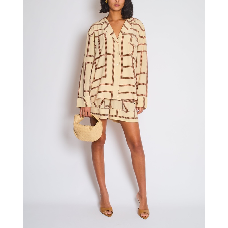 Toteme Silk Beige Long Sleeve Shirt and Shorts Set with Monogram Details Size XS (UK6)