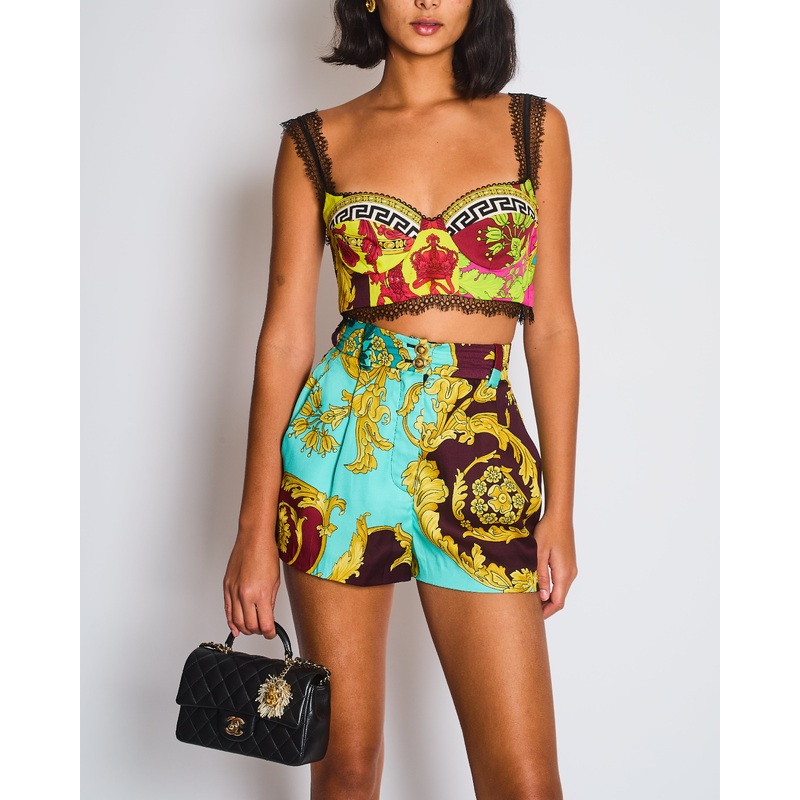 Versace Yellow, Black, Brown Medusa Pattern Bustier and Shorts Set with Lace & Gold Button Details Size IT 36/40 (UK 4/8)