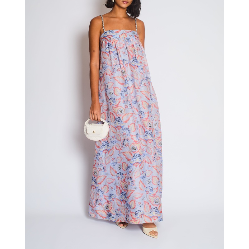Zimmermann Blue Floral Print Maxi Dress with Embellished Straps Size 0 (UK 8)
