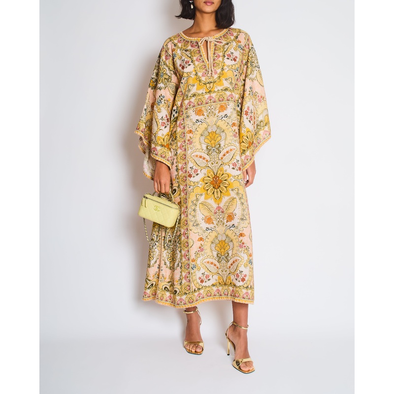 Zimmermann Laurel Floral Linen Kaftan Dress With Tie Detail Size 0 (UK 8)
