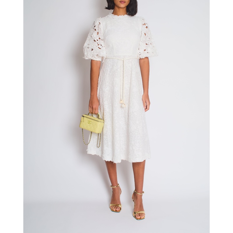 Zimmermann Lola Embroidered Ramie White Midi Dress Size 0 (UK 8)