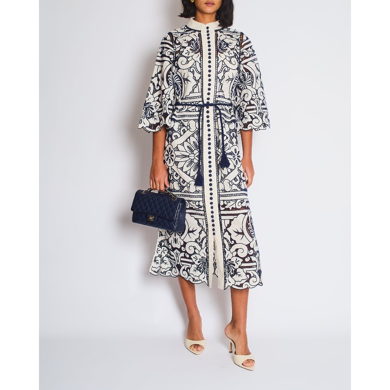 Zimmermann White and Blue Embroidered Midi Dress with Belt Size 0 (UK 8)