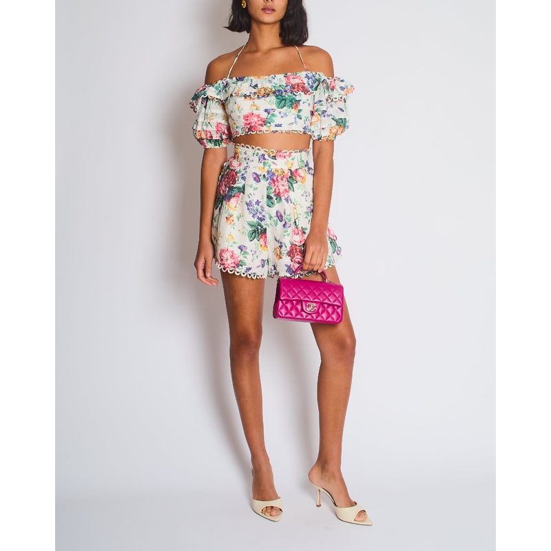 Zimmermann White Multicoloured Floral Linen Shorts and Crop Top Set Size 0 (UK 8)