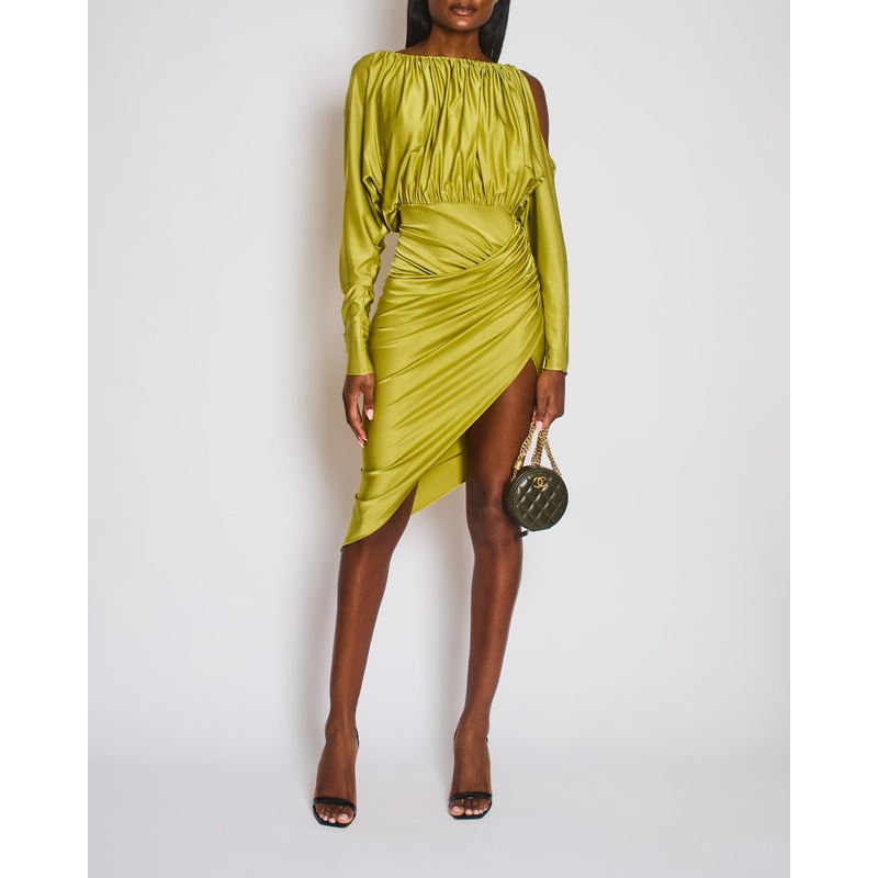 Alexandre Vauthier Green Cold Shoulder Ruched Midi Dress with Embellished Tie Detail Size FR 36 (UK 8)
