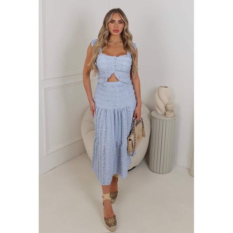 Alina blue lace crinkle cami top & midi skirt co ord