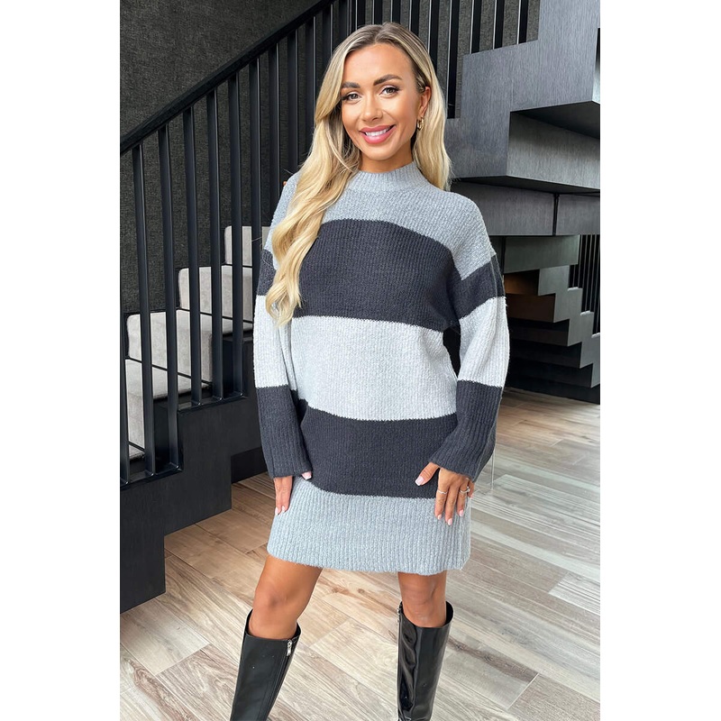 Anthracite And Grey Striped Knitted Dress