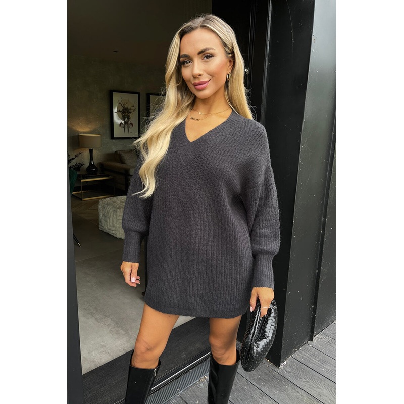 Anthracite V-Neck Knitted Jumper Dress