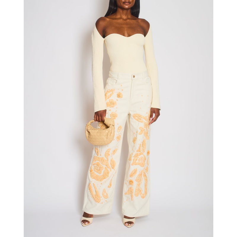 Cult Gaia White Jarli Raffia Appliqu High Rise Wide Leg Jeans Size 29