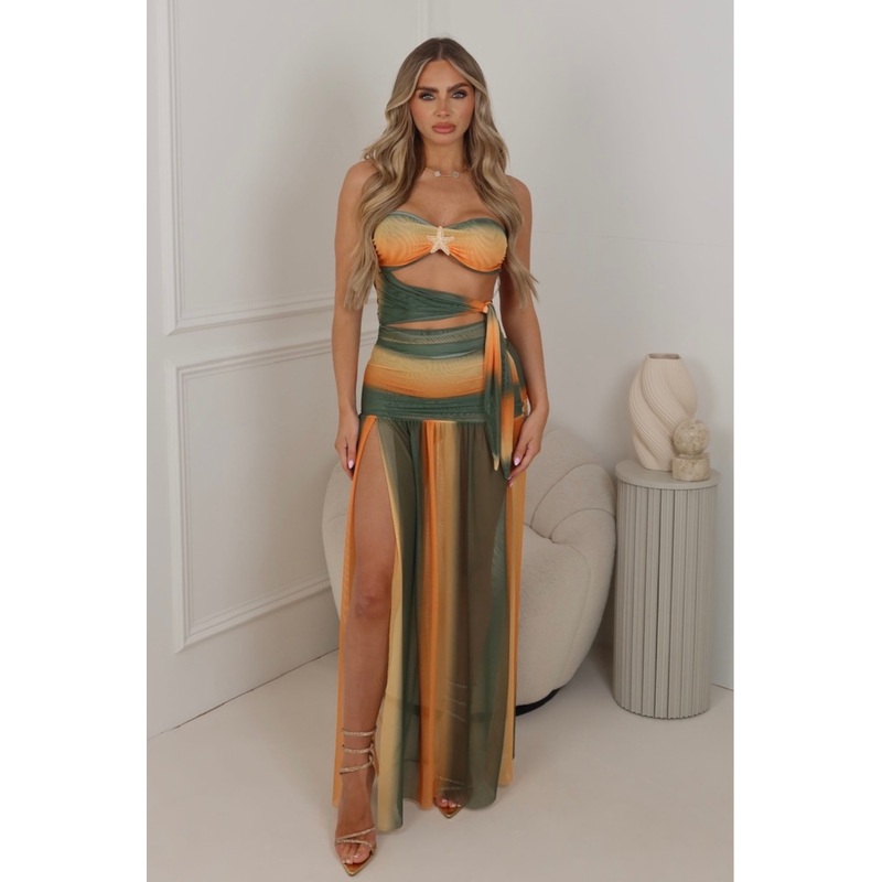 Daisy green and orange multi mesh bodysuit & maxi skirt co ord