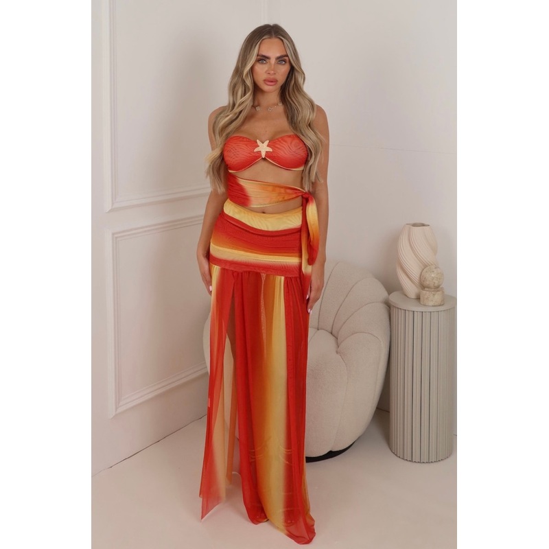 Daisy red multi mesh bodysuit & maxi skirt co ord
