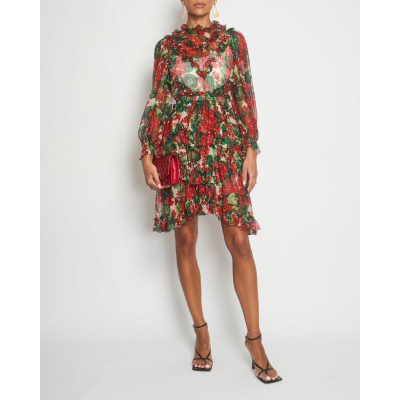 Dolce & Gabbana Red Floral Silk Ruffle Long-Sleeve Mini Dress Size IT 40 (UK 8)
