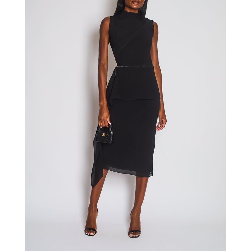 Herms Black Knit & Silk Midi Dress with Zip Detail Size FR 36 (UK 8)
