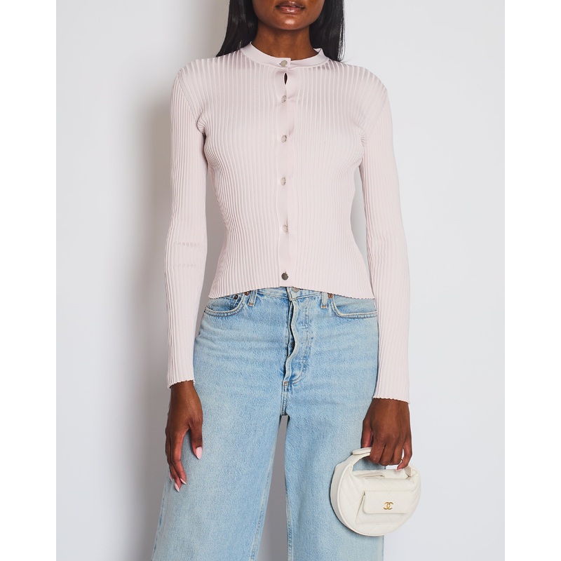 Herms Light Pink Rib Knit Long Sleeve Crewneck Cardigan with Silver Buttons & Crotchet Back Detail Size FR 36 (UK 8)
