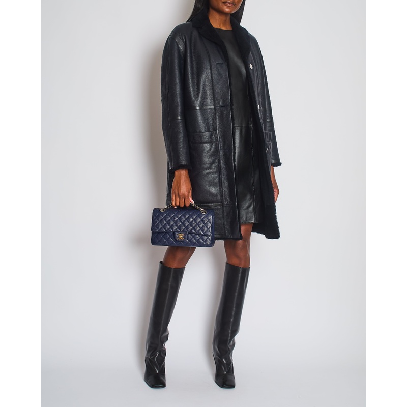 Herms Navy Reversible Shearling Jacked with Silver Button Detail Size FR 36 (UK 8)