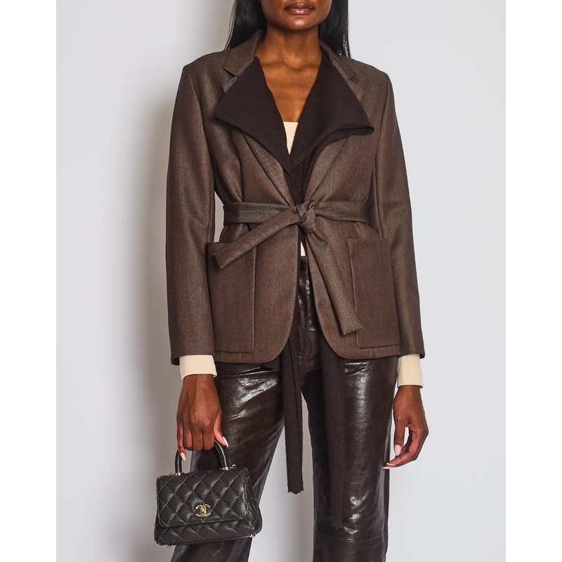 *HOT* Herms Chocolate Brown Wool Blazer with Cashmere Insert Scarf & Belt Detail Size FR 36 (UK 8) RRP 4,900