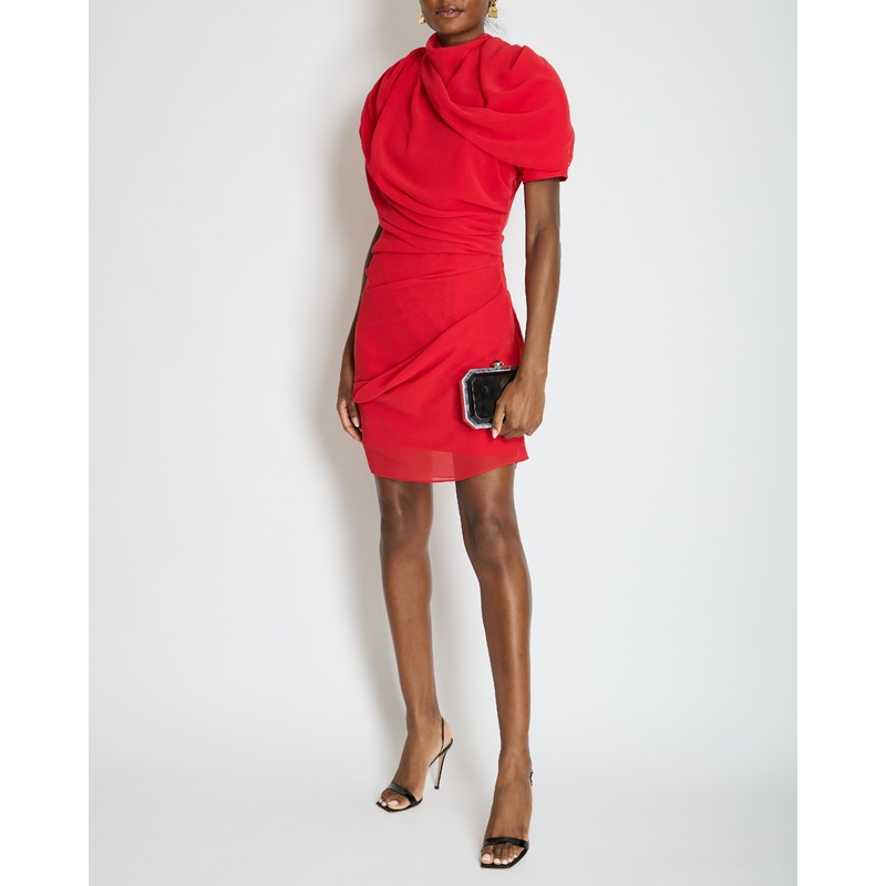 Jacquemus La Robe Castagna Red Chiffon Mini Dress with Draping and Padded Shoulder Detail FR 38 (UK 10)