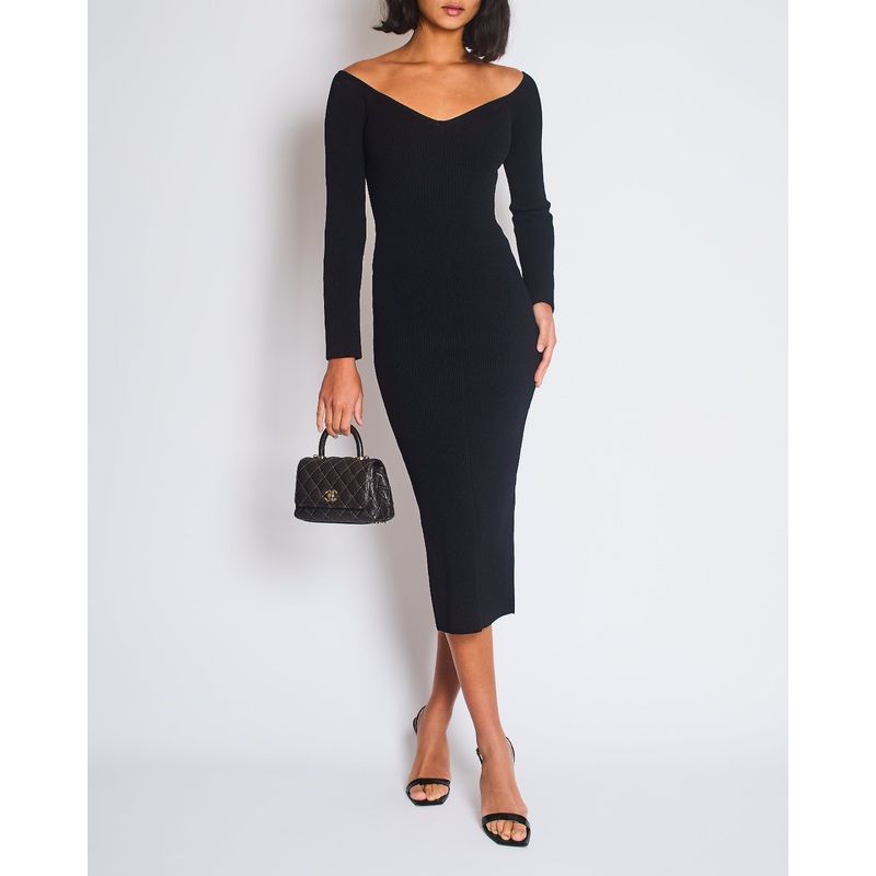Khaite Black Ribbed Long Sleeve V-Neck Dress with Split Detail Size S (UK 6/8)