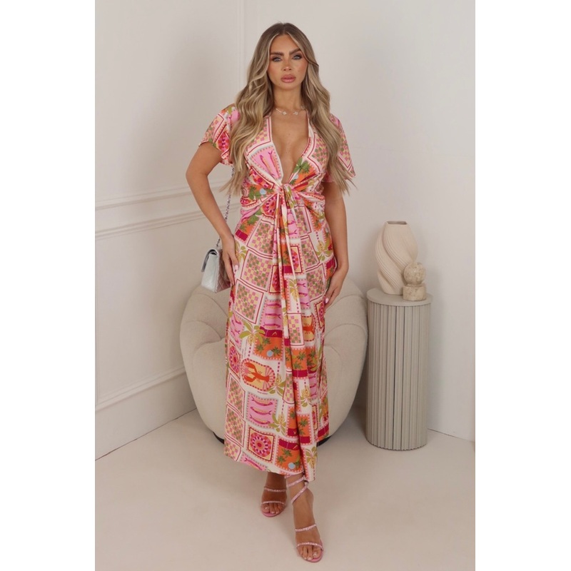 Maddison pink tropical print batwing sleeve ruched maxi dress