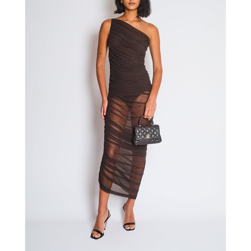 Norma Kamali Brown Mesh One-Shoulder Maxi Dress Size FR 34 (UK XS)
