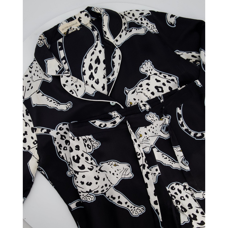 Olivia Von Halle Black & White Leopard Pattern Two-Piece Shirt and Trouser Set Size M (UK 10)