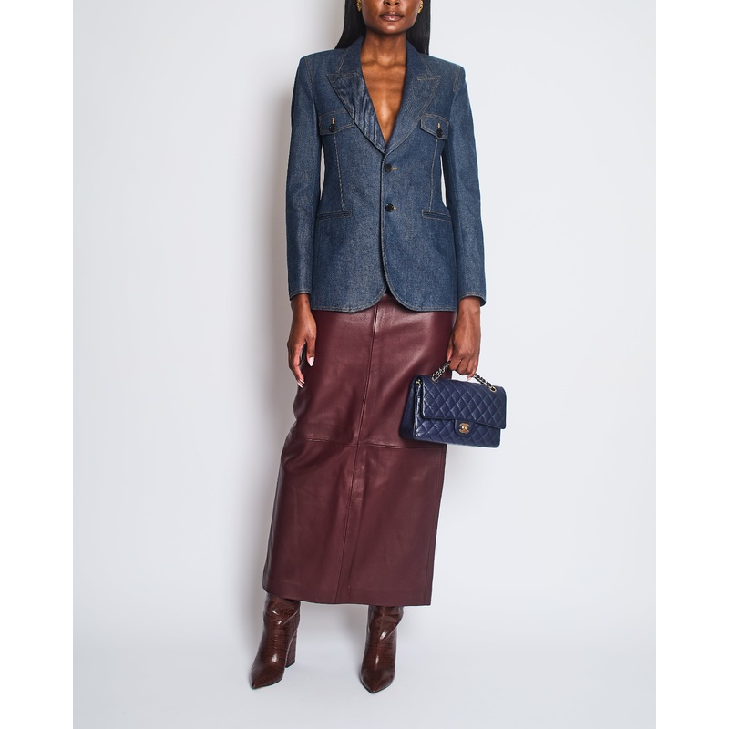 Saint Laurent Blue Denim Single Breasted Blazer with Brown Contrast Stitching Detail Size FR 36 (UK 8) RRP 1,935