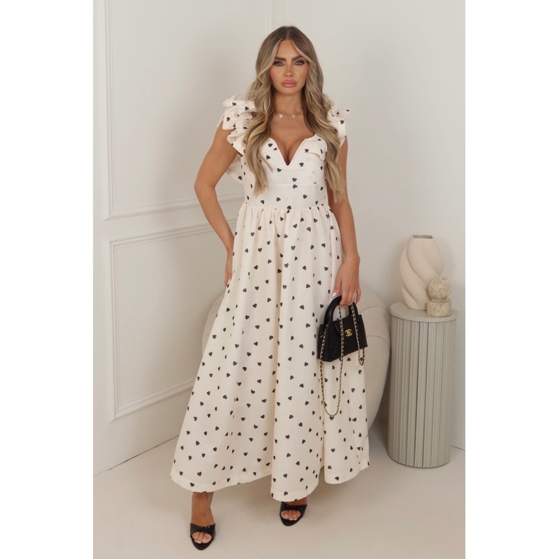 Selina cream heart print maxi dress