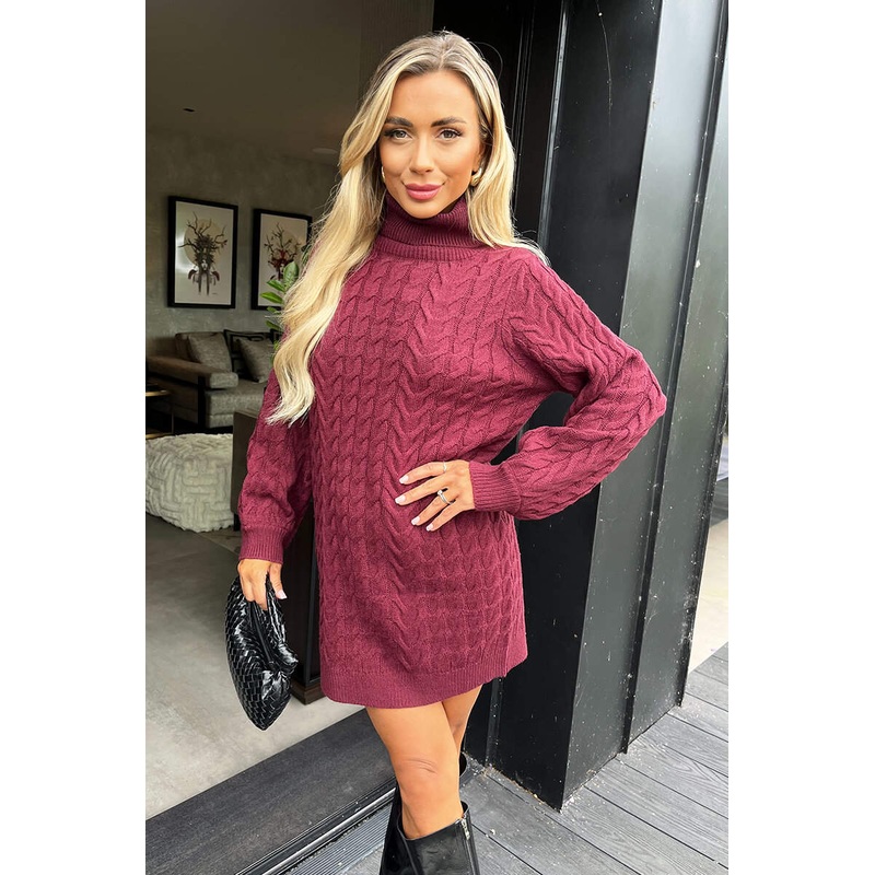 Wine Roll Neck Cable Knit Dress
