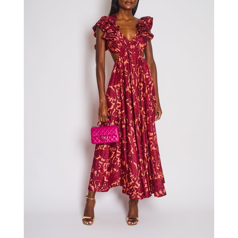 Zimmermann Tiggy Frill Shoulder Maxi Dress in Pink & Peach Paisley Size 1 (UK 10)