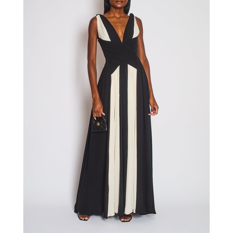 Zuhair Murad Black and White Panelled Sleeveless Pleated Maxi Dress Size FR 34 (UK 6)