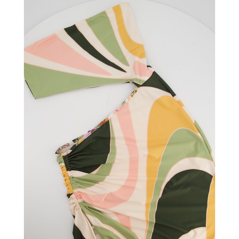 Agua Bendita Pink Orange and Green One Shoulder Cut Out Midi Dress Size S (UK 8)
