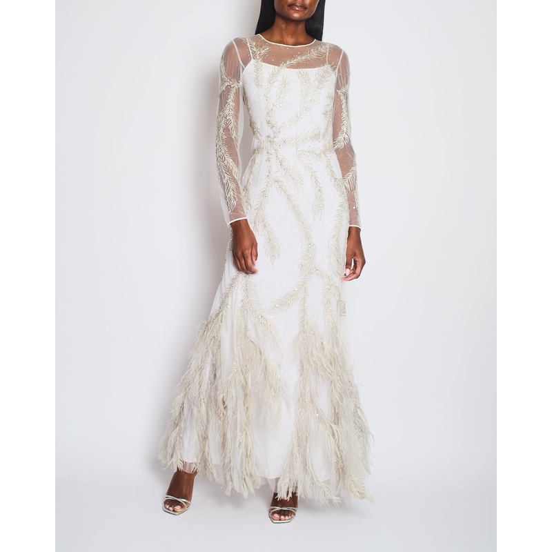 Brunello Cucinelli White Long Sleeve Feather Embellished Gown Size IT 40 (UK 8)