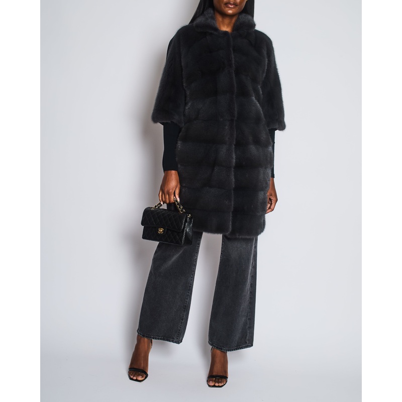 Bun Grey Mid Sleeve Mink Fur Coat with Wool Panel Detail Size M (UK 10)