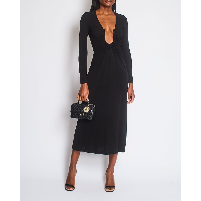 Christopher Esber Black Gathered Plunge Arced Palm Cutout Maxi Dress Size UK 6