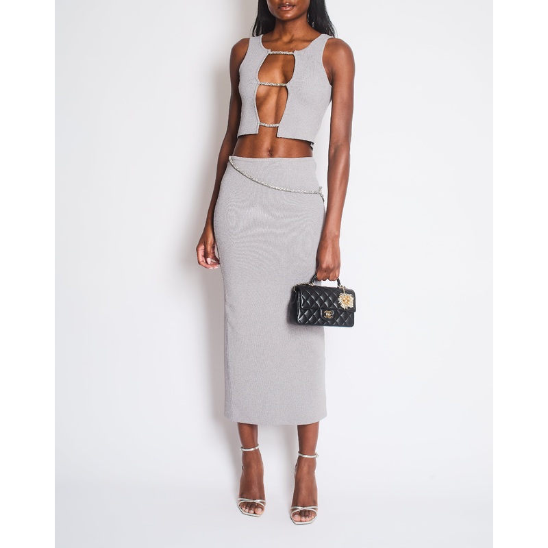 Christopher Esber Grey Crystal-Embellished Rope Cutout Ribbed Knit Top and Matching Midi Skirt Size S (UK 8)