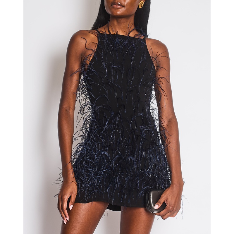 Cult Gaia Black Shannon Mini Dress with Navy Feather Details Size XS (UK 6) RRP 1,400