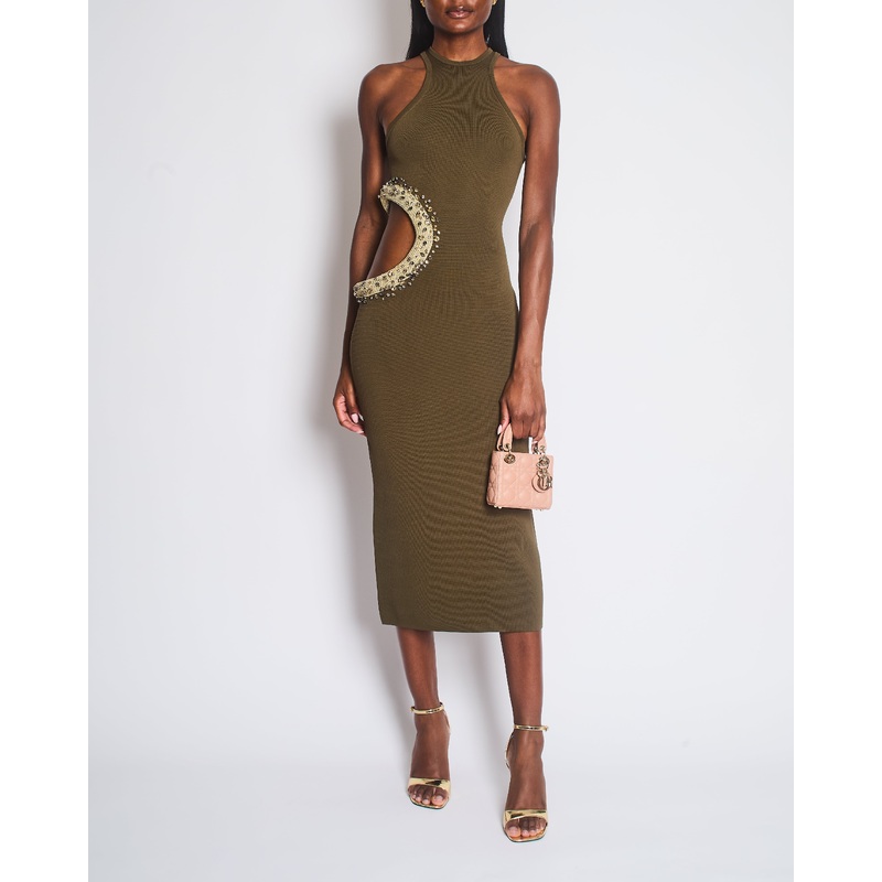 Cult Gaia Khaki Katina Embellished Rhinestone Cutout Midi Knit Dress Size XS (UK 6)