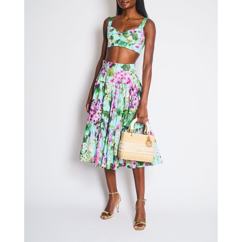 Dolce & Gabbana Blue, Green, Pink Floral Bluebell Print Bustier Crop Top and Tiered Midi Skirt Set with Gold Logo Embellishment Size IT 38-42 (UK 6-10)