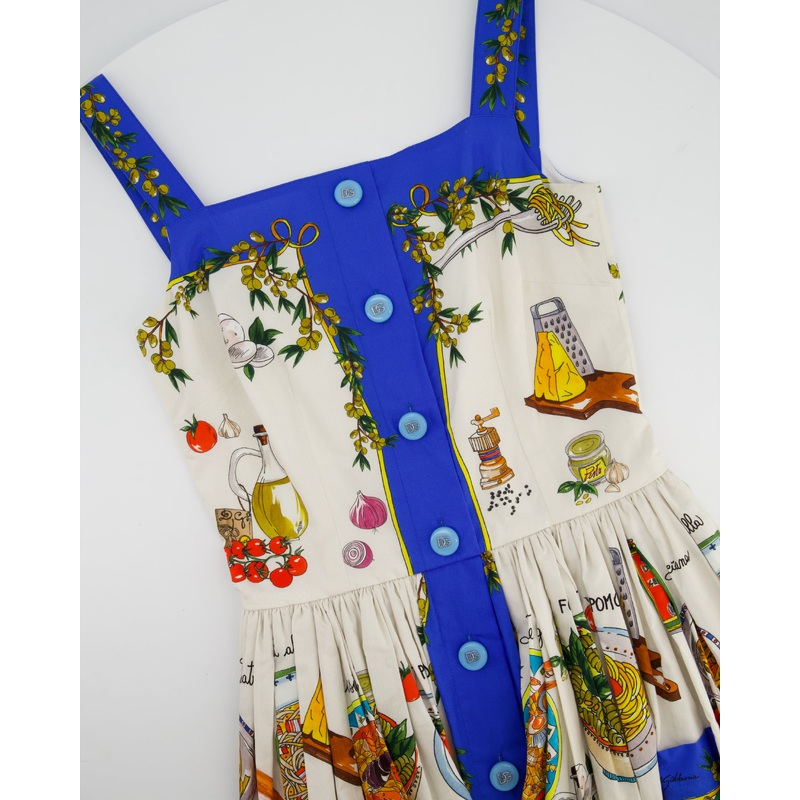 Dolce Gabbana Pasta Print White & Blue Midi Dress Size IT 38 (UK 6)