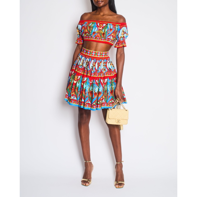 Dolce & Gabbana Red Graphic Carretto Print Off Shoulder Crop Top and Mid-Length Tiered Skirt Set Size IT 36-38 (UK 4-6)