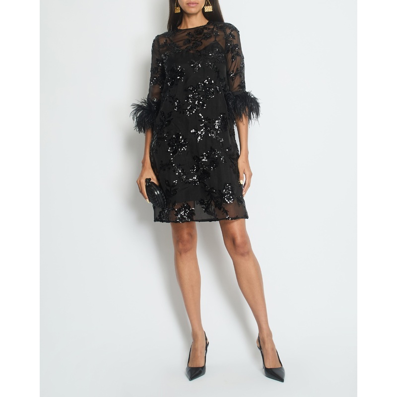 Erdem Black Silk Embellished Mini Dress with Cropped Sleeves and Feather Cuff Detail IT 40 (UK 8)