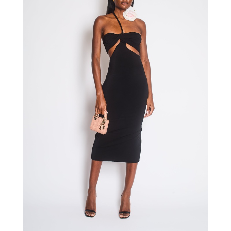 Magda Butrym Black Ruched Sleeveless Asymmetric Cutout Midi Dress with White 3D Rose Appliqu Size FR 34 (UK 6) RRP 1116