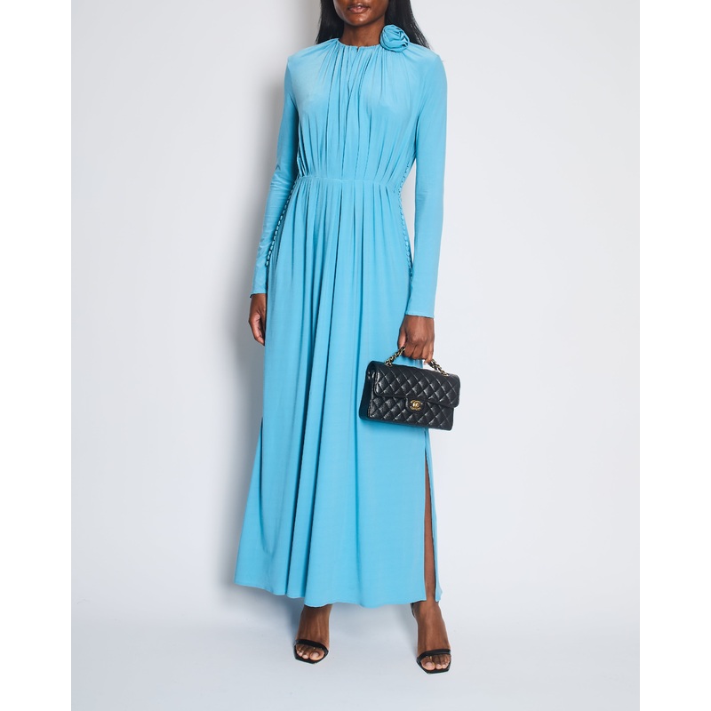 Magda Butrym Light Blue Floral Appliqu Ruched Maxi Dress with Cutouts Size S (UK 8)