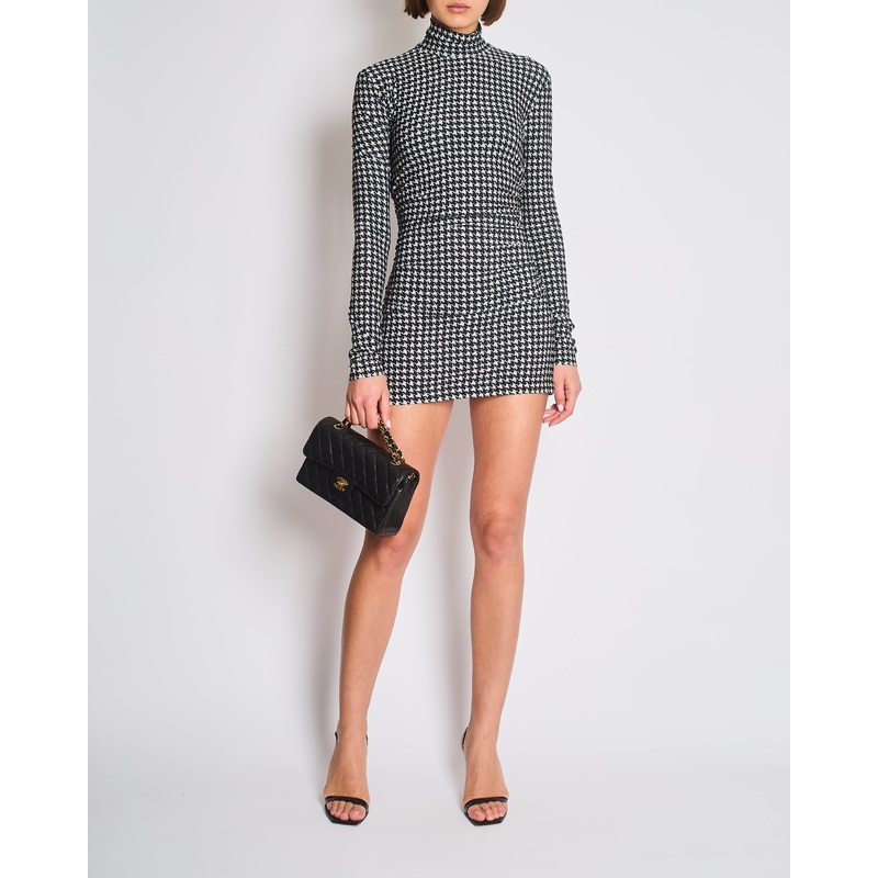 Norma Kamali Black and beige Houndstooth Ruched Long Sleeve Mini Dress Size S (UK 8)