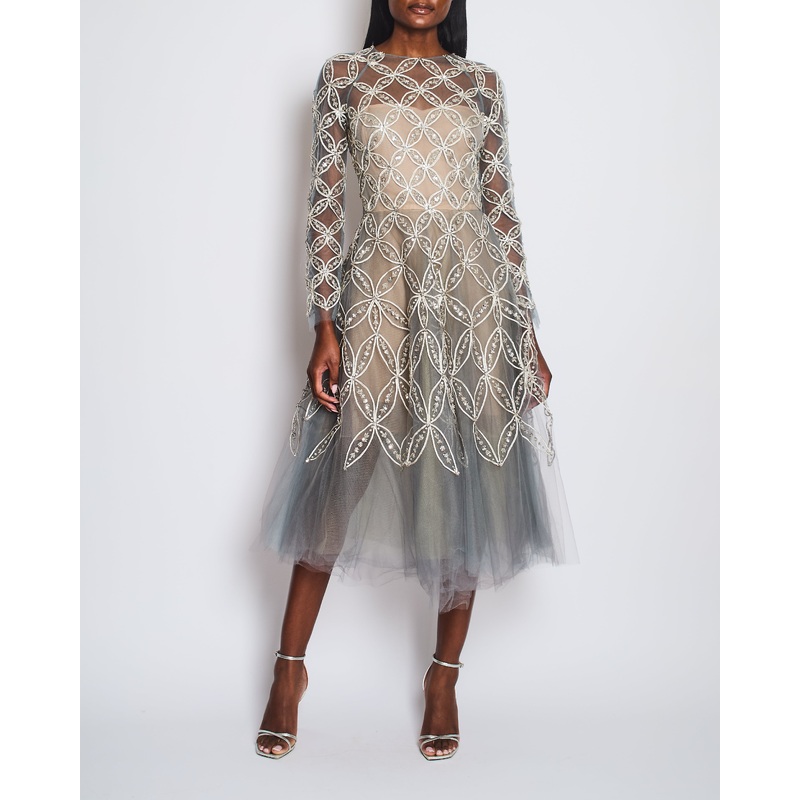 Oscar De La Renta Dove Grey Floral Embellished Mesh Gown Size FR 34 (UK 6)