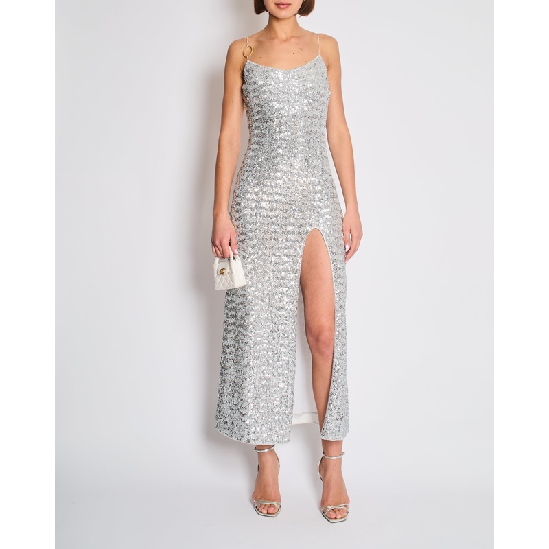 Osree Silver Sequin Pailettes Maxi Dress with Gold Ring Strap Detail and Side Slit Size L (UK 12)