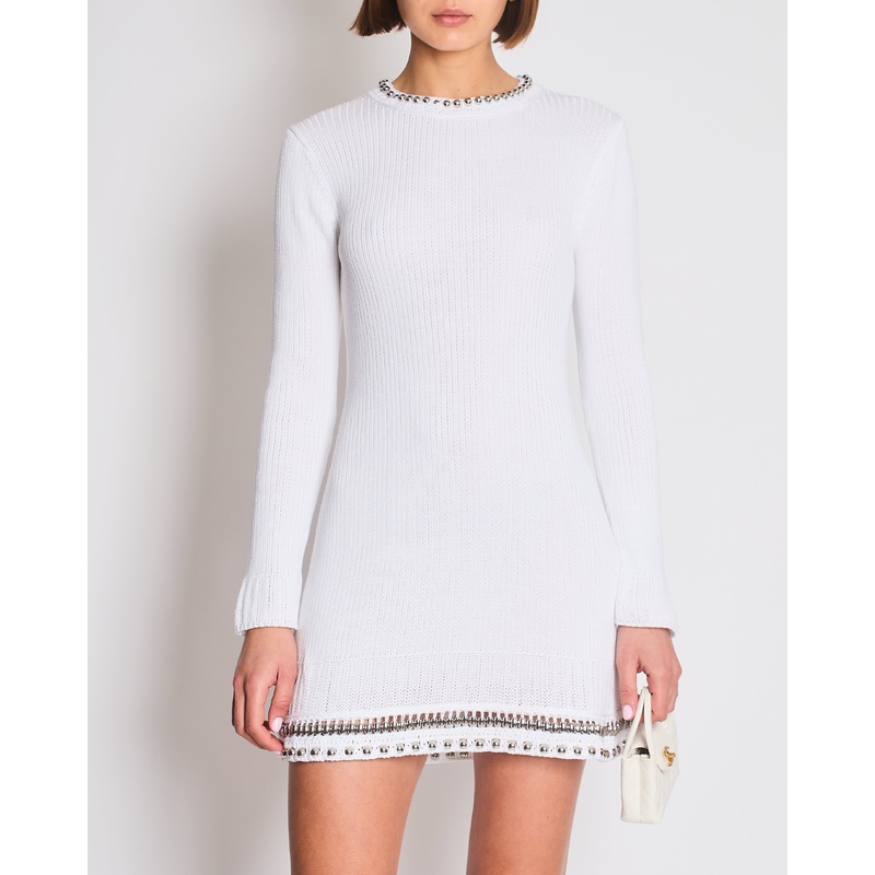Paco Rabanne White Knitted Long Sleeve Dress with Silver Studs Detail Size M (UK 10)